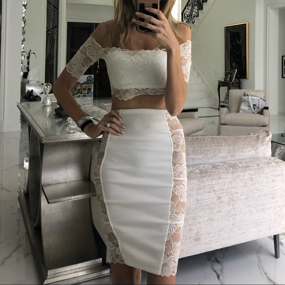 White lace 2 piece set- midi with cropped shirt